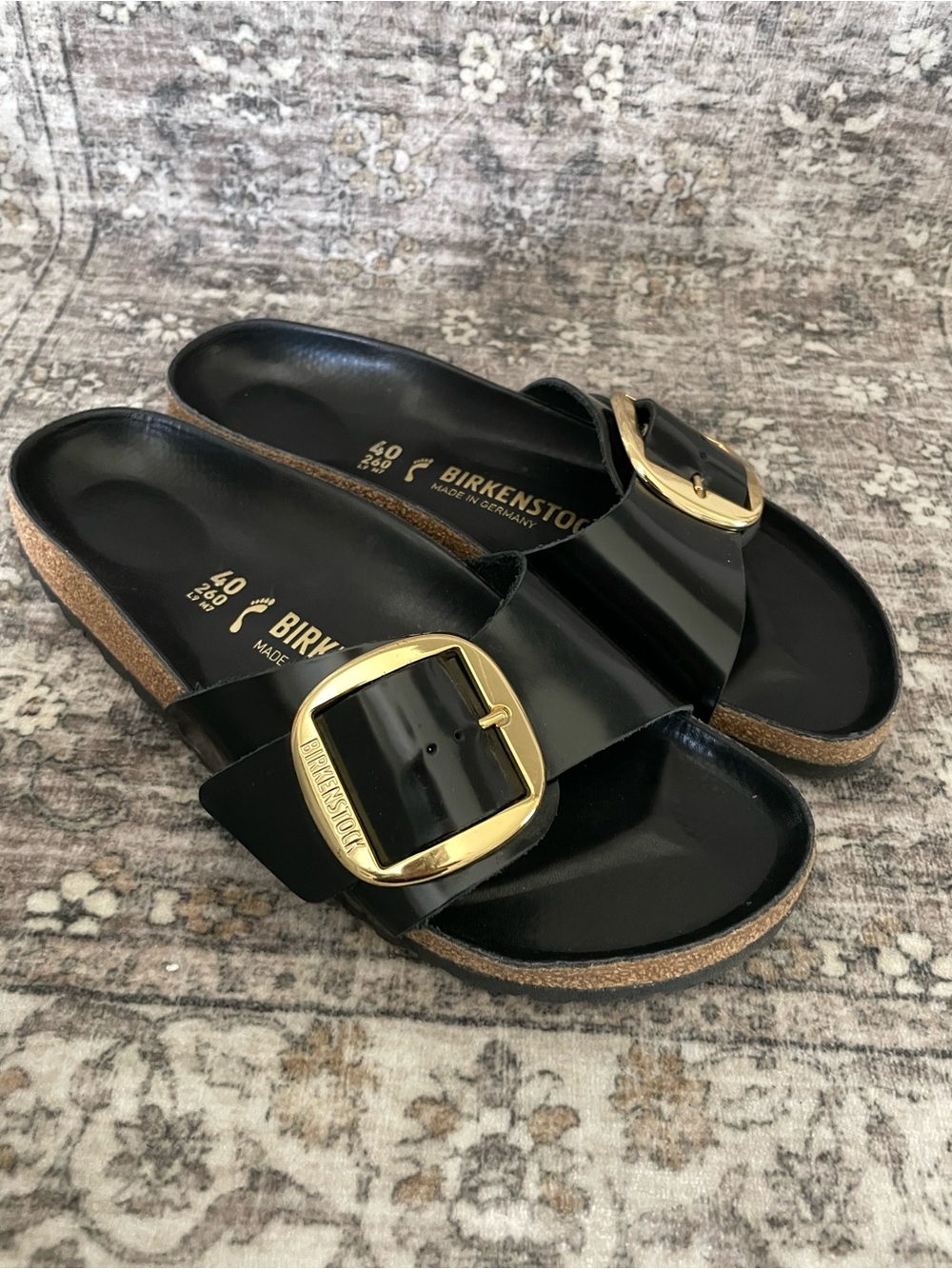 Birkenstock Madrid Big Buckle Sandal High Shine Black Leather Size 40 Gold - Picture 3 of 9